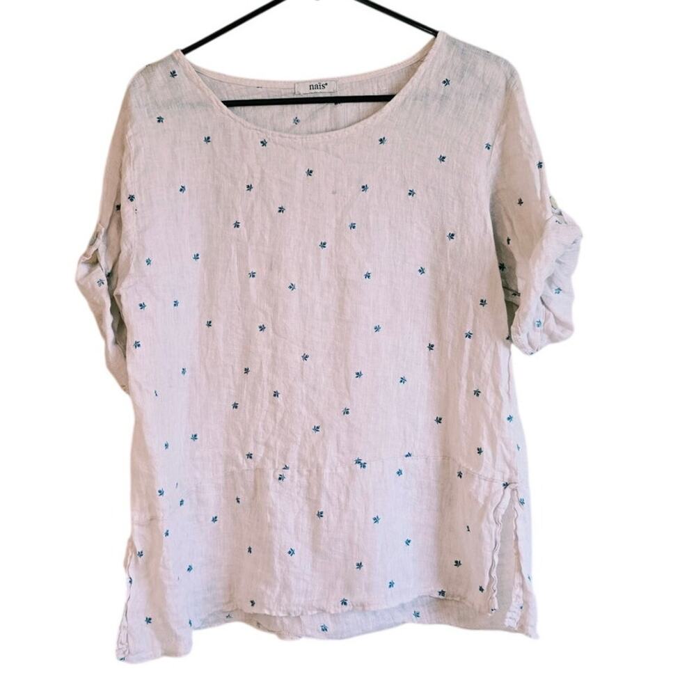 Nais pink floral embroidered roll sleeve blouse size medium